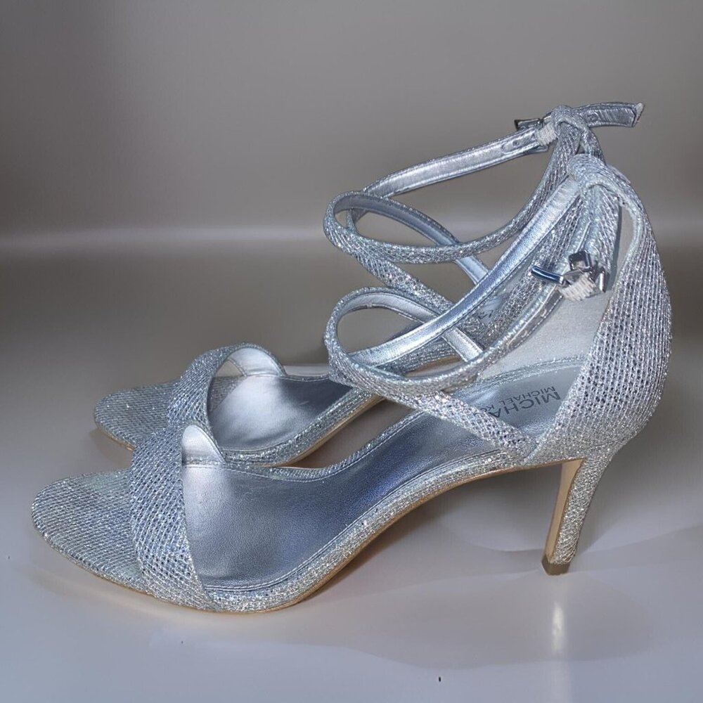 MICHAEL KORS AVA Mid Heel Strappy Sandal SILVER Glitter Evening Size 7.5